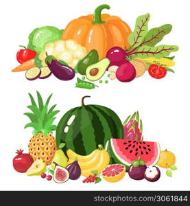 Vegetables and fruits. Cartoon vegetarian food, watermelon, pumpkin and apple vitamin fresh veggies and fruits vector illustration icons set. Organic healthy products for market, farming. Vegetables and fruits. Cartoon vegetarian food, watermelon, pumpkin and apple vitamin fresh veggies and fruits vector illustration icons set