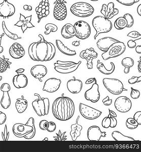 Vegetables and fruits. Hand drawn contour fruit and vegetable icons, vegan lifestyle, healthy organic food, doodle vector seamless pattern. Contour fresh citrus carrot, kiwi and cabbage illustrations. Vegetables and fruits. Hand drawn contour fruit and vegetable icons, vegan lifestyle, healthy organic food, doodle vector seamless pattern