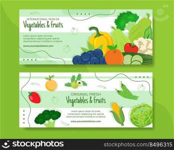 Vegetables and Fruits Horizontal Banner Template Cartoon Background Vector Illustration