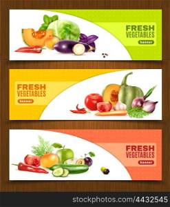 Vegetables And Fruits Horizontal Banners. Three horizontal banners with colorful compositions of whole and chopped fresh vegetables and fruits in realistic style vector llustration