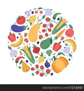 Vegetables and fruits pattern. Kitchen veggies and fruits hand drawn doodle rounded poster, fresh organic vegetarian wrapping, healthy lifestyle vector colourful background. flat healthy menu design. Vegetables and fruits pattern. Kitchen veggies and fruits hand drawn doodle rounded poster, fresh organic vegetarian wrapping, healthy lifestyle vector colourful background