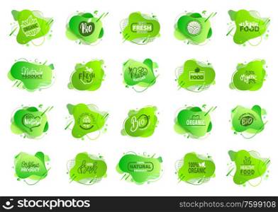 Vegetables and fruits set, organic ingredients and fresh products, tomato and apple veggies and sweet ripe plants, foliage and flora vegetation logo. Organic Production Fresh Ingredients Logo Set