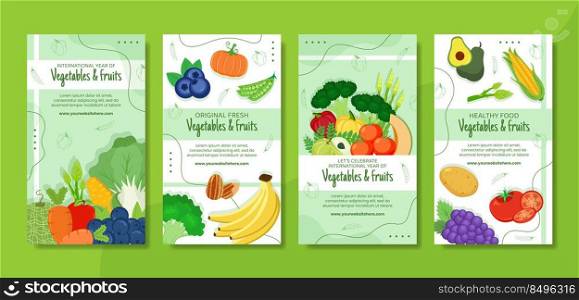 Vegetables and Fruits Social Media Stories Template Cartoon Background Vector Illustration