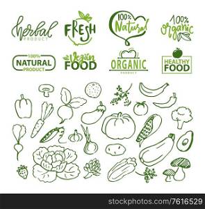 Vegetables and organic food logotypes vector, pepper and pumpkin, aubergine and avocado, banana and radish, cabbage with leaves sketches logo set, food stikers for vegetarian menu. Natural Food and Ingredients, Logo and Veggies