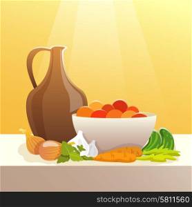 Vegetables and pitcher on table still life flat vector illustration. Vegetables And Pitcher Still Life