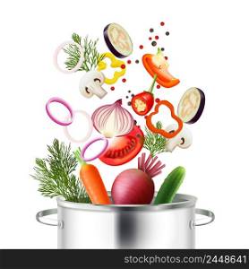 Vegetables and pot realistic concept with ingredients and cooking symbols vector illustration. Vegetables And Pot Concept