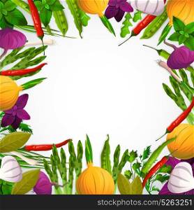 Vegetables And Spices Background. Vegetables and spices decorative frame with onion garlic bean chili basil arugula on white background vector illustration