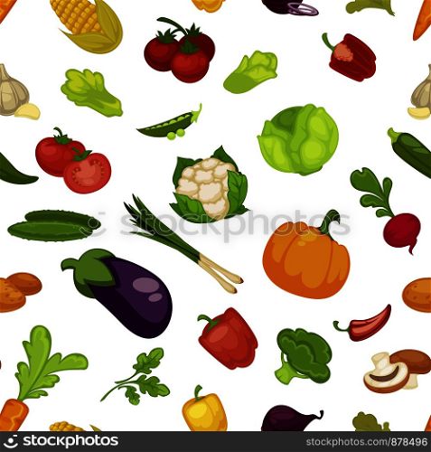 Vegetables aubergine and pumpkin set seamless pattern vector. Broccoli and cauliflower, pepper paprika and parsley greenery. Tomato and mushroom slice, chilli and carrot with leaves, onion pea. Vegetables aubergine and pumpkin set seamless pattern vector.