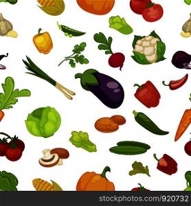 Vegetables aubergine and pumpkin set seamless pattern vector. Broccoli and cauliflower, pepper paprika and parsley greenery. Tomato and mushroom slice, chilli and carrot with leaves, onion pea. Vegetables aubergine and pumpkin set seamless pattern vector.