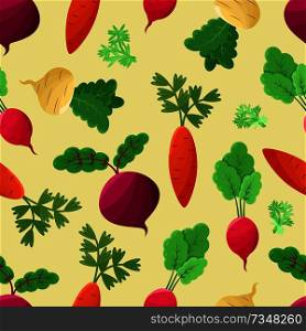 Vegetables background vector illustration with green sprouts, colorful beetroots, carrots and swedes, shpinat and radish, healthy food set. Vegetables Background, Vector Illustration