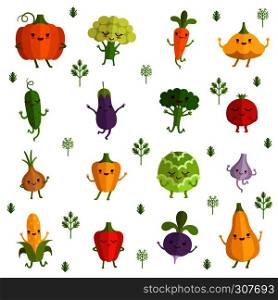 Vegetables characters with funny emotions. Vector illustration in comic style. Collection of vegetable funny cartoon characters. Vegetables characters with funny emotions. Vector illustration in comic style