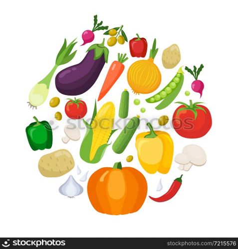 Vegetables colored isolated icons flat set with harvest of vegetables and fruit formed in a large circle vector illustration. Vegetables Colored Icons Flat Set