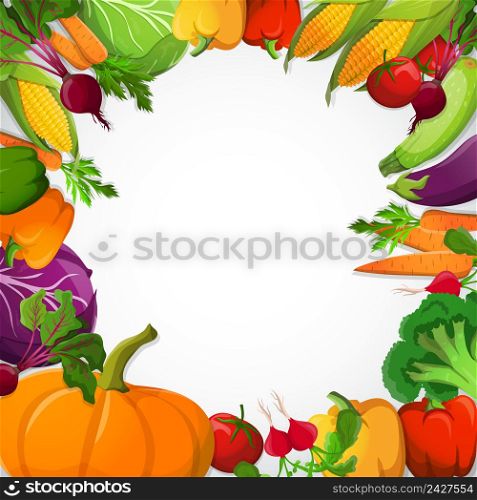 Vegetables decorative frame with pumpkin paprika corn broccoli beet carrot tomato cabbage on white background vector illustration. Vegetables Decorative Frame
