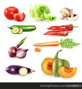 Vegetables decorative icons collection with cucumbers eggplant onions mushrooms carrot cabbage tomato images in realistic style isolated vector illustration. Vegetables Decorative Icons Collection
