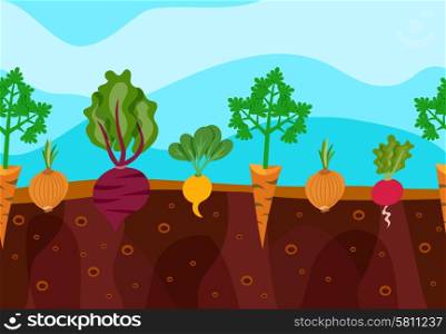 Vegetables decorative icons set growing in garden soil vector illustration. Growing Vegetables Illustration