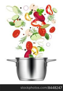 Vegetables falling. Sliced culinary collection in boiling pan pepper zucchini tomato onion salad ingredients decent vector realistic kitchen illustration. Vegetarian vegetable ingredient in pan. Vegetables falling. Sliced culinary collection in boiling pan pepper zucchini tomato onion salad ingredients decent vector realistic kitchen illustration