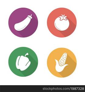Vegetables flat design icons set. Vegetarian healthy salad ingredients. Raw eggplant and fresh tomato long shadow symbols. Green Bell pepper and yellow corn silhouettes. Vector infographic elements. Vegetables flat design icons set