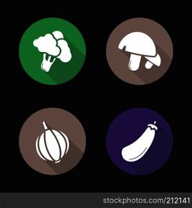 Vegetables flat design long shadow icons set. Broccoli, mushrooms, garlic, eggplant. Vector silhouette illustration. Vegetables flat design long shadow icons set