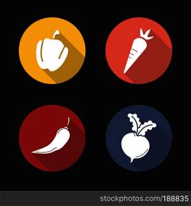 Vegetables flat design long shadow icons set. Capsicum, carrot, hot chili pepper, beet root. Vector symbols. Vegetables flat design long shadow icons set