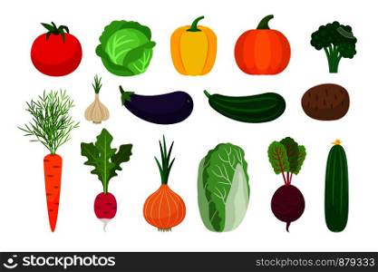 Vegetables flat icons set on white background. Vector illustration. Vegetables flat icons set
