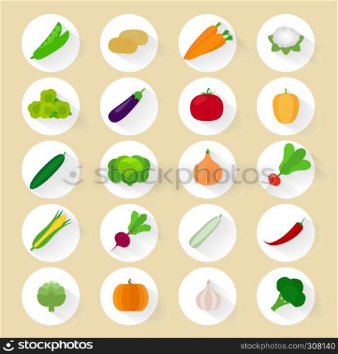 Vegetables flat vector icons with long shadow. Vegetables flat icons