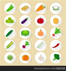 Vegetables flat vector icons with long shadow. Vegetables flat icons