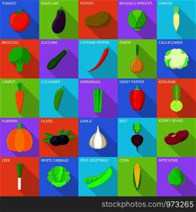 Vegetables food menu icons set. Flat illustration of 25 vegetables food menu vector icons for web. Vegetables food menu icons set, flat style