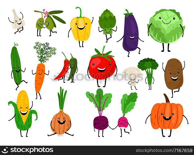 Vegetables for kids. Cartoon vegetables eating for child, funny cute veggies characters, kawaii healthy laughing carrot smiling pumpkin, vector icons set. Cartoon vegetables characters
