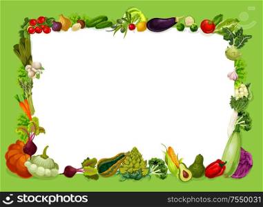 Vegetables frame, farm harvest veggies food and spare place, add text. Vector vegetarian broccoli cabbage and cauliflower, pumpkin and tomato, eggplant and mushrooms, potato and pea bean, avocado. Veggies frame, vegetable and grocery shop food