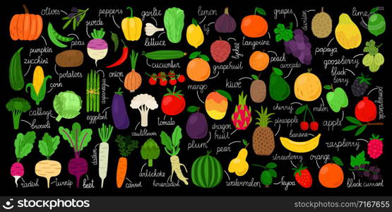 Vegetables, fruits and berries. Fresh hand drawn vegetale, fruit and berry vector illustration, coloring doodle veggies menu with names. Vegetables, fruits and berries