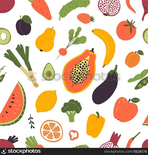 Vegetables fruits seamless pattern. Raw food, creative healthy juicy print. Agriculture scandinavian style elements, fresh market classy vector texture. Illustration of fruit and vegetable drawing. Vegetables fruits seamless pattern. Raw food, creative healthy juicy print. Agriculture scandinavian style elements, fresh market classy vector texture