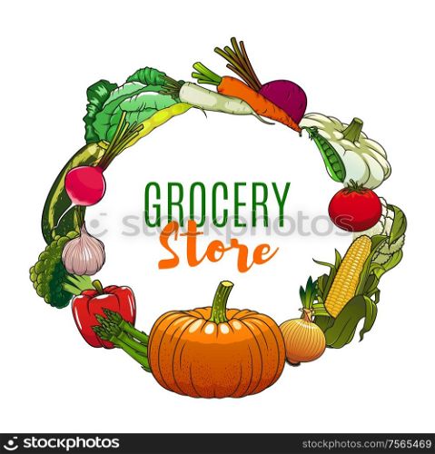 Vegetables, grocery store and farm market veggies poster. Vector organic vegetarian food cabbage, corn, salad and carrot, squash and turnip, cucumbers, tomatoes and horseradish or beet roots. Vegetables, vegetarian food market, grocery store