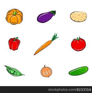 Vegetables icon set isolated on white cartoon stickers with outline graphic drawing fresh eco food