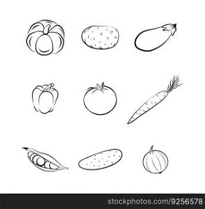 Vegetables icon set isolated on white cartoon stickers with outline graphic drawing fresh eco food
