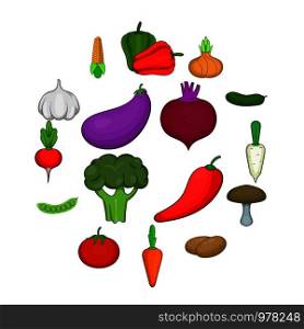 Vegetables icons set. Cartoon illustration of 16 vegetables vector icons for web. Vegetables studio icons set, cartoon style