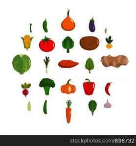 Vegetables icons set. Flat illustration of 25 vegetables vector icons isolated on white background. Vegetables icons set, flat style