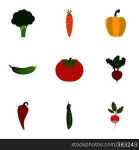 Vegetables icons set. Flat illustration of 9 vegetables vector icons for web. Vegetables icons set, flat style