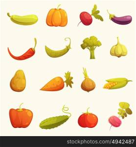 Vegetables Icons set Flat Retro . Ecological farming production classical vegetables icons set with cucumber carrot cucumber paprika tomato retro isolated vector illustration