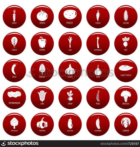 Vegetables icons set. Simple illustration of 25 vegetables vector icons red isolated. Vegetables icons set vetor red