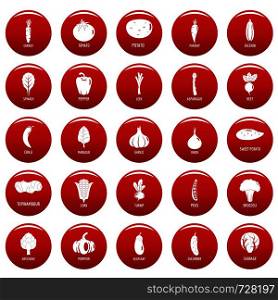 Vegetables icons set. Simple illustration of 25 vegetables vector icons red isolated. Vegetables icons set vetor red