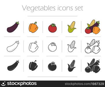 Vegetables icons set. Vegetarian food mix. Eggplant bell pepper, tomato and corn symbols in color, contour and silhouette. Vector illustrations isolated on white. Vegetables icons set