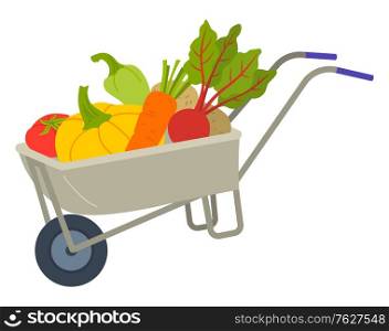 Vegetables in cart, volume with handles and wheel. Trolley with tomato, potato and carrot, pumpkin and ripe, bell pepper, agricultural work, harvest vector. Fresh Harvest in Cart, Vegetable in Trolley Vector