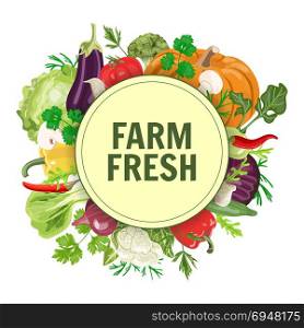 vegetables in circle. Vector circle label or banner with fresh vegetables. Concept for vegan, organic, farm produsts.