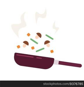 Vegetables in wok frying pan semi flat colour vector object. Cooking process. Editable cartoon clip art icon on white background. Simple spot illustration for web graphic design. Vegetables in wok frying pan semi flat colour vector object