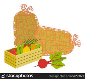 Vegetables in wooden case, potato in burlap. Beet and tomato, cucumber and bell pepper in box, crate in bag, harvesting products, agriculture vector. Harvesting Products, Vegetables in Case Vector