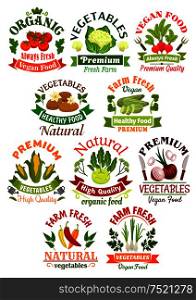 Vegetables labels set for food industry. Vector farm fresh organic vegetables tomato, cauliflower, radish, potato, zucchini, corn, kohlrabi, onion, pepper, leek. Vegetarian product stickers for grocery farm store. Vegetables labels set for food industry