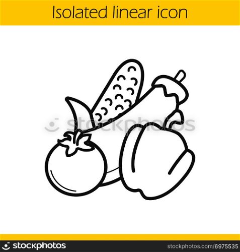 Vegetables linear icon. Thin line illustration. Eggplant, corn, bell pepper, tomato. Grocery store items contour symbol. Vector isolated outline drawing. Vegetables linear icon