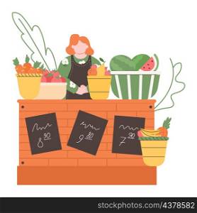 Vegetables market, groceries shop with farm products. Vector farm market grocery, food organic vegetable illustration. Vegetables market, groceries shop with farm products