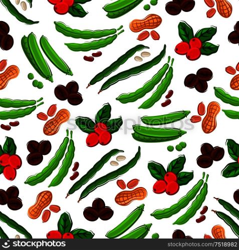 Vegetables, nuts, berries seamless background. Wallpaper with pattern of bean pods, peas, peanuts, berries, coffee beans. Kitchen and market store decoration tile. Vegetables, nuts, berries semaless background