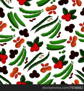 Vegetables, nuts, berries seamless background. Wallpaper with pattern of bean pods, peas, peanuts, berries, coffee beans. Kitchen and market store decoration tile. Vegetables, nuts, berries semaless background